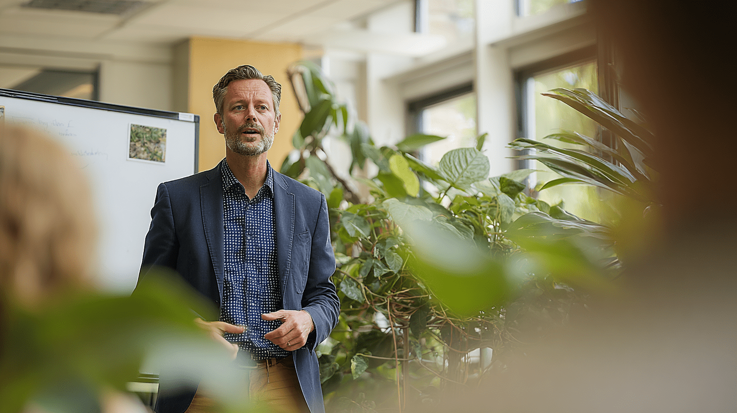 duurzaamheidsprofessional geeft een lezing voor een groep mensen