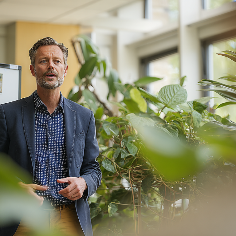 duurzaamheidsprofessional geeft een lezing voor een groep mensen