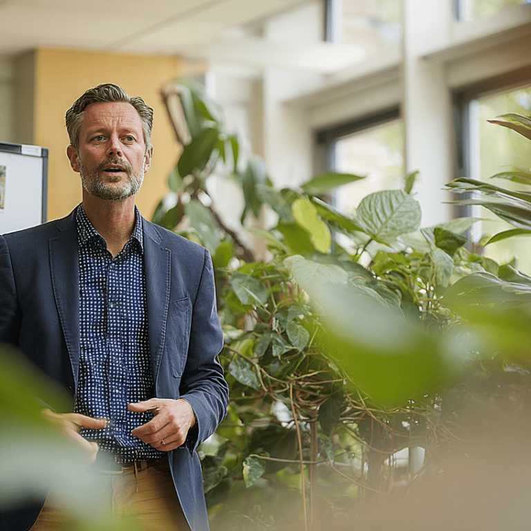 duurzaamheidsprofessional geeft een lezing voor een groep mensen